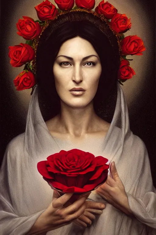 Image similar to hyperrealistic mixed media painting of Mother Mary, resembles Monica Bellucci, a halo about her head, holding a red rose, traditional beauty, stunning 3d render inspired art by P. Craig Russell and Barry Windsor-Smith + perfect facial symmetry + dim volumetric lighting, 8k octane beautifully detailed render, post-processing, extremely hyperdetailed, intricate, epic composition, grim yet sparkling atmosphere, cinematic lighting + masterpiece, trending on artstation, very very detailed, masterpiece, stunning