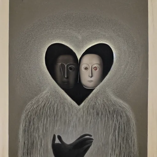 Image similar to perfectly centered symmetrical split male and female portrait of man and woman in love sharing one heart ; art by gertrude abercrombie
