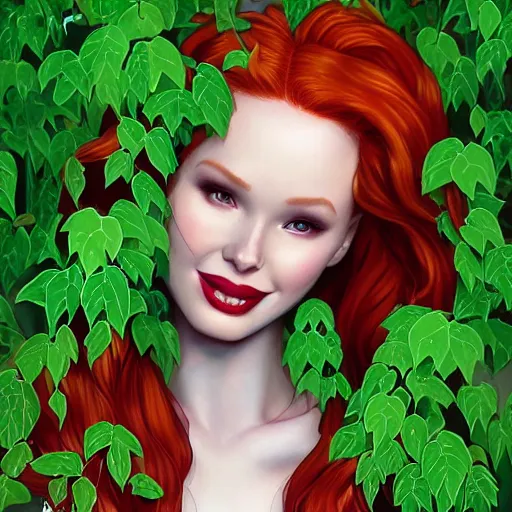 Prompt: beautiful Madelaine Petsch poison ivy DC comics, evil smile, realistic character concept, fun pose, comic book, illustration, slender symmetrical face and body, surrounded by vines and plants, artstation, cinematic lighting, hyperdetailed, high resolution, Charlie Bowater, Tom Bagshaw, single face, insanely detailed and intricate, beautiful