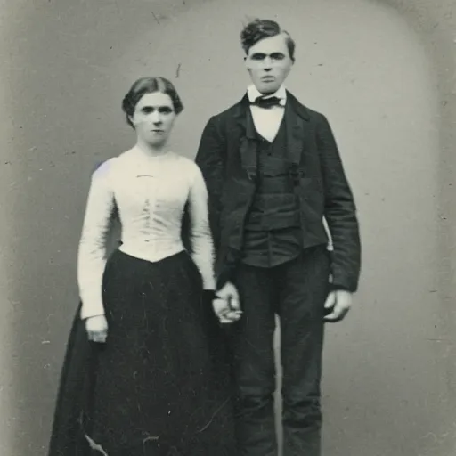 Image similar to antique black and white photograph of a young couple, studio lighting, cardboard cutout backgrounf 1 8 7 6