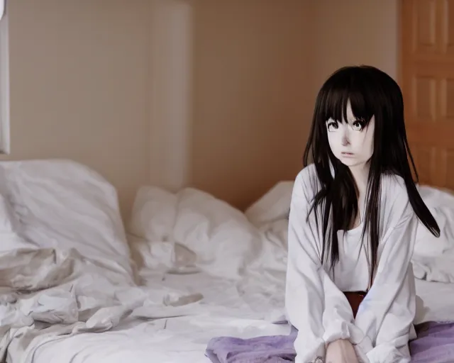 Prompt: a film still of lone anime girl in white tshirt is sitting on poor bed in pale colors room in dark russian flat, anime