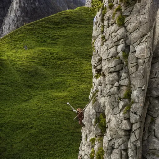 Prompt: Clever Hobbits, to climb so high, cinematic, 4k