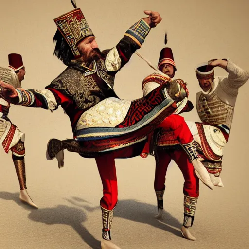 Image similar to cossack dancing on the turban of an ottoman sultan, realism, 4 k, octane render, award winning photograph