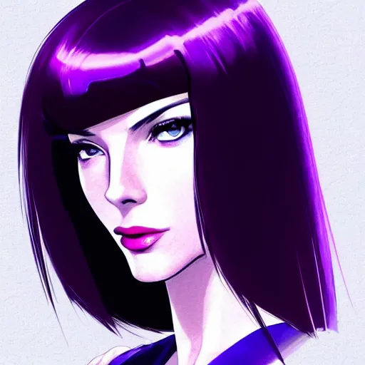 Image similar to A combination of Grace Kelly's and Katheryn Winnick's and Ashley Greene's faces with short violet hair and long winged eyelashes as Motoko Kusanagi from Ghost in The Shell, cyberpunk style, synthwave aesthetic, fantasy, intricate, elegant, highly detailed, digital painting, artstation, concept art, matte, sharp focus, illustration, half body portrait, anime style, art by Artgerm and Greg Rutkowski and Alphonse Mucha