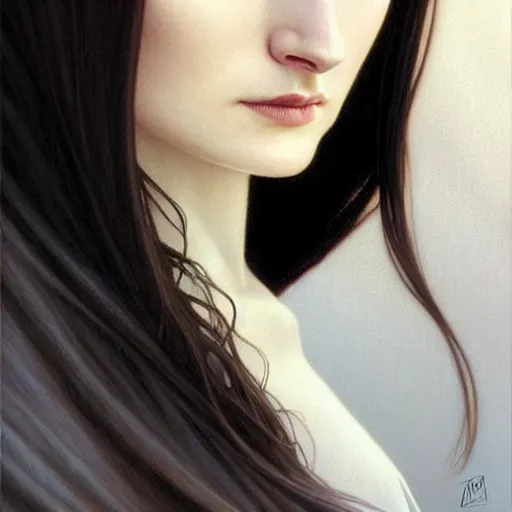 Prompt: portrait of a beautiful sansa stark, pale skin, female with long black hair, dark, piercing eyes, gentle expression, elegant clothing, photorealistic, highly detailed, artstation, smooth, sharp focus, art by michael whelan, artgerm, greg rutkowski and alphonse mucha