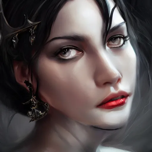 Image similar to a beautiful and elegant queen by wlop, black hair, closeup headshot, 8 k, high detailed, style of ghost blade, ultra - realistic painting, trending on artstation, cg rendering.