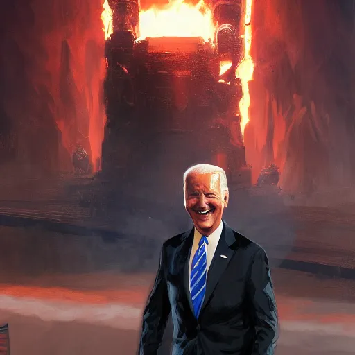 Image similar to joe biden smiling while behind him the world is burning, dramatic lighting, cinematic, establishing shot, extremly high detail, photorealistic, cinematic lighting, artstation, style by James Gurney