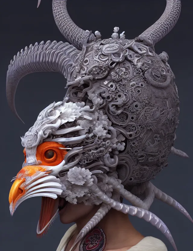 Prompt: 3 d hard surface modelling goddess close - up profile portrait with ram skull. beautiful intricately detailed japanese crow kitsune mask and clasical japanese kimono. betta fish, jellyfish phoenix, bio luminescent, plasma, ice, water, wind, creature, artwork by tooth wu and wlop and beeple and greg rutkowski