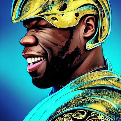 Prompt: 5 0 cent wearing a laughing golden armor, digital illustration by ruan jia on artstation, outlined by whirling illuminated neon lines and fine lines swirling in circles by jesper ejsing and rhads and makoto and shinkai and lois van baarle, digital art, trending on artstation - h 8 3 2