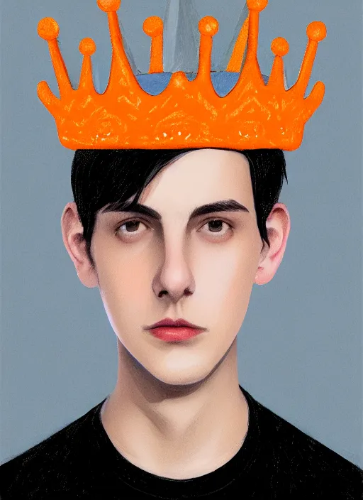 Image similar to portrait of teenage jughead jones wearing a light grey crown, crown, hamburger background, eyes closed, crown, black hair, orange, intricate, elegant, glowing lights, warm lighting, highly detailed, digital painting, artstation, concept art, smooth, sharp focus, illustration, art by wlop, mars ravelo and greg rutkowski