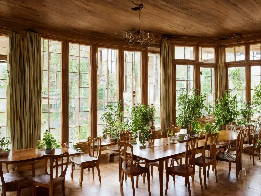 Image similar to interior shot of an old large dining room with wooden panels, large windows, lots of plants, satin curtains