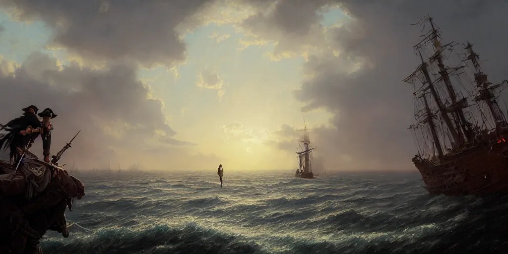 Prompt: two pirates facing each other in death duel!, foggy, gunpowder smoke, dramatic, bloody scene, sunset background, ship on the horizon, portrait 4 / 3, high detail, greg rutkowski, james gurney, gene wolfe, gustave dore, jesper ejsing, rhads, makoto shinkai, ilya kuvshinov