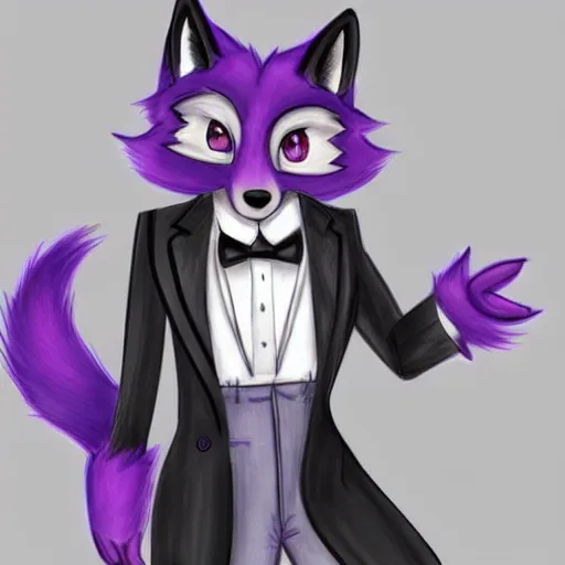 Image similar to colored pencil sketch of an anthropomorphic male purple fox furry fursona in a tuxedo with medium length black hair, handsome eyes, trending on artstation, furaffinity, posing with hands in pocket