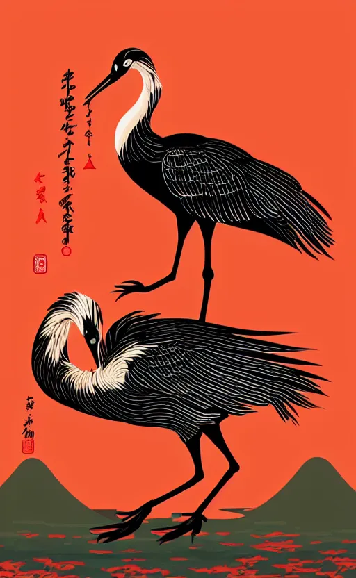 Prompt: hanafuda, portrait of huge japanese crane bird walking on a lake in the middle of japanese pines, a big red sun in the background, front game card, vector line art, trending on behance, concept art, stunning, matte