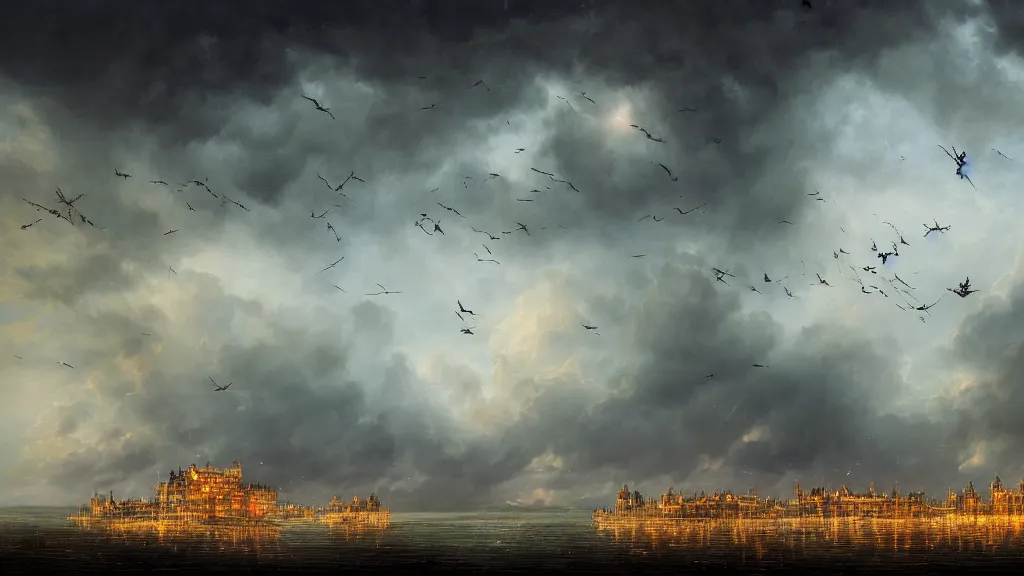 Prompt: a cinematic cityscape photograph of a flock of birds in the sky above a floating castle, a fiery dragon flys in the sky, thunder and lightning, lee madgwick