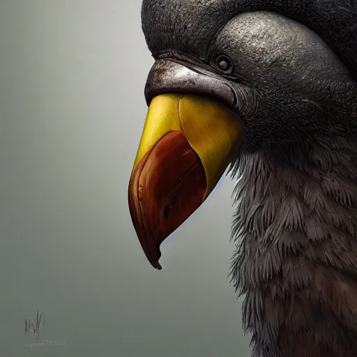 Prompt: realistic portrait of an dodo with an axe in the beak, fantasy book, high detail, 8 k, octane render painting, dark fantasy