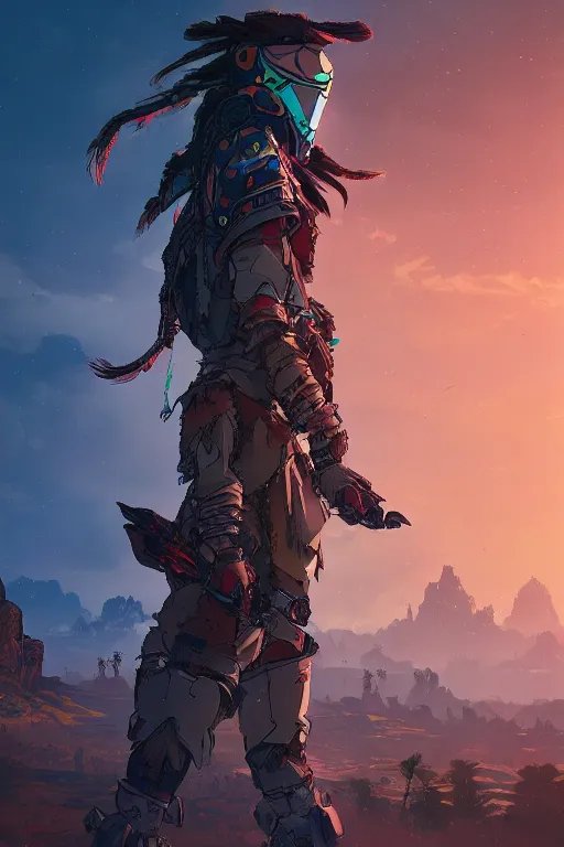 Image similar to combination suit armor aloy horizon forbidden west horizon zero dawn radiating a glowing aura global illumination ray tracing hdr fanart arstation by ian pesty and alena aenami artworks in 4 k tribal robot ninja mask helmet backpack