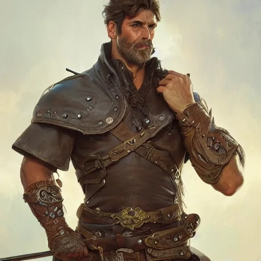 Image similar to portrait of a young, ruggedly handsome ranger, soft hair, muscular, half body, leather, fantasy, intricate, elegant, highly detailed, digital painting, artstation, concept art, smooth, sharp focus, illustration, art by artgerm and greg rutkowski and alphonse mucha