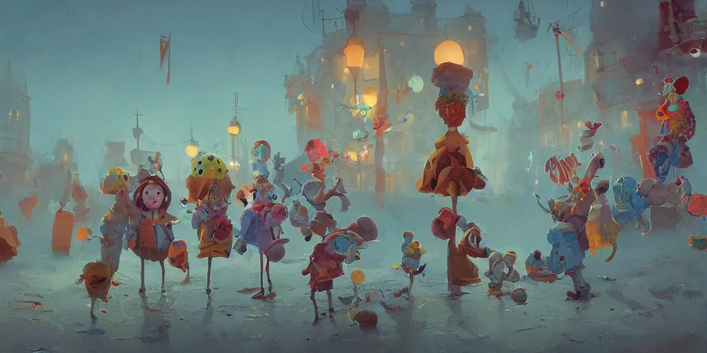 Prompt: A gang of clowns at dawn, magical, awestriking, impossibly detailed, by Sergey Kolesov, fine detail, full of color, intricate detail