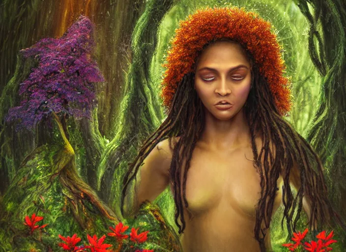 Prompt: a magical forest dryad, brown skin like soil, bright glowing ember eyes like fire, dressed in a green robe, colorful flowers growing from her head, branches growing as hair, golden sunlight, queen of the forest, extremely detailed, masterpiece, award-winning, mythological, mossy, grass, oil on canvas, soft colors, wide shot, very low angle photograph, simon stålenhag