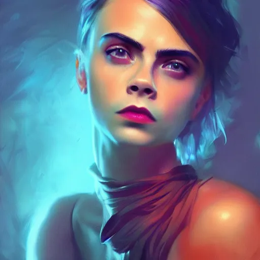 Image similar to cara delevingne, full body colorful oil painting by greg rutkowski, charlie bowater, yuumei, yanjun cheng, unreal 5, daz, hyperrealistic, octane render, rpg portrait, dynamic lighting, fantasy art, beautiful face