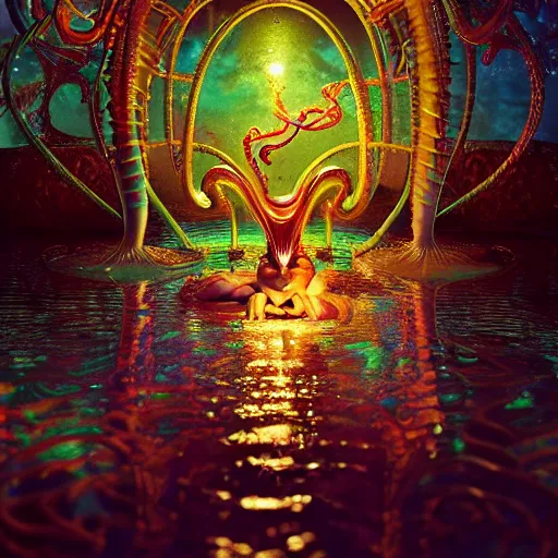 Image similar to macro, candy creature in candyland, water reflection, night, backlit, warm tones, bioluminescent : by michal karcz, daniel merriam, victo ngai and guillermo del toro : ornate, dynamic, particulate, intricate, elegant, highly detailed, centered, artstation, smooth, sharp focus, octane render