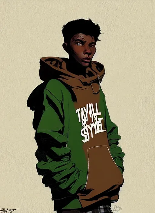 Image similar to highly detailed portrait of a sewer style seattle student, tartan hoody, by atey ghailan, by greg rutkowski, by greg tocchini, by james gilleard, by joe fenton, by kaethe butcher, gradient green, brown, blonde crea, orange, brown and white color scheme, grunge aesthetic!!! ( ( graffiti tag wall background ) )