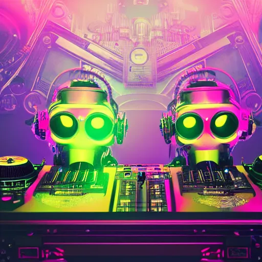 Image similar to album art, text : roborock, 3 steampunk spaced out robots on a dj desk with a cd mixer, 8 k, flourescent colors, halluzinogenic, multicolored, exaggerated detailed, front shot, 3 d render, octane