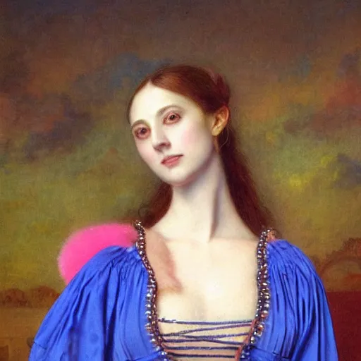 Image similar to portrait of a woman dressed in blue and pink, by howard david johnson.