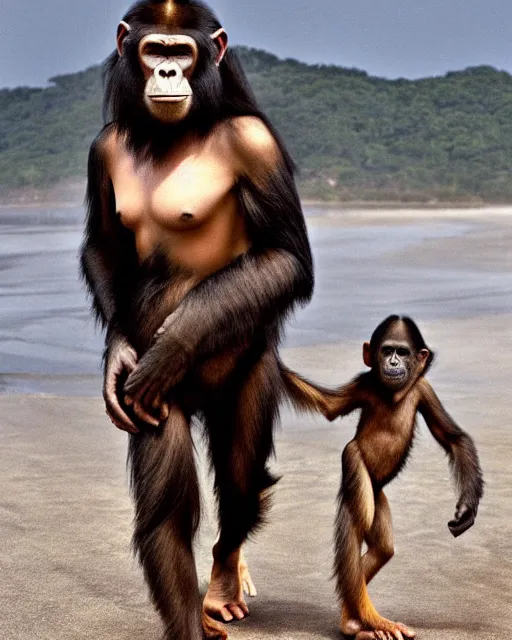 Image similar to a beautiful Ape girl, with long hair and a chimpanzee face, walks a long a beach far in Earth’s future. Her body is covered in fur and she is wearing clothes.