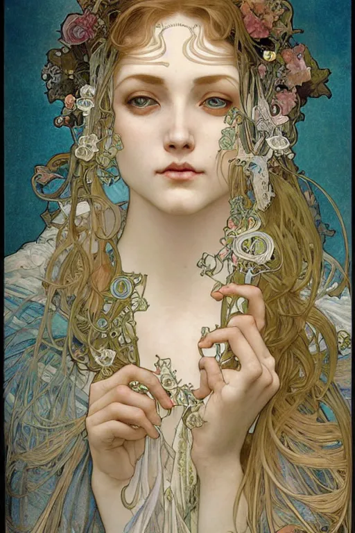 Prompt: realistic detailed face portrait of the The Empress of the Tarot by Alphonse Mucha, Ayami Kojima, Amano, Charlie Bowater, Karol Bak, Greg Hildebrandt, Jean Delville, and Mark Brooks, Art Nouveau, Neo-Gothic, gothic, Tarot card, rich deep moody colors