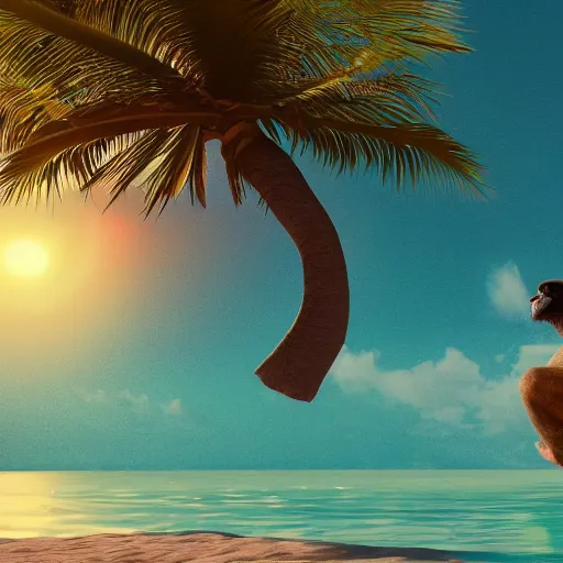Image similar to king kong in a bikini clearing a space for himself at the beach, cinematic, octane render, sunny day, tropical island.