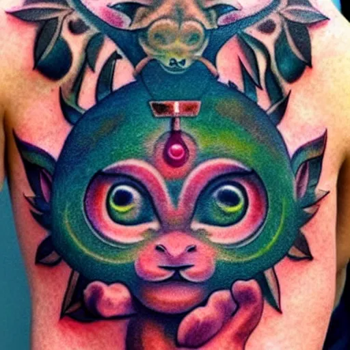 Image similar to shoulder tattoo of a meditating cute bush baby with trippy eyes and glowing multicolored chakra symbols, insanely integrate