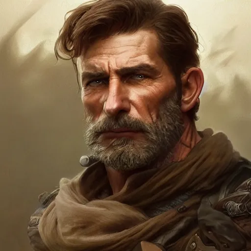 Prompt: portrait of a rugged ranger, handsome, muscular, 76 years old, D&D, fantasy, intricate, elegant, highly detailed, digital painting, artstation, concept art, matte, sharp focus, illustration, art by Artgerm and Greg Rutkowski and Alphonse Mucha