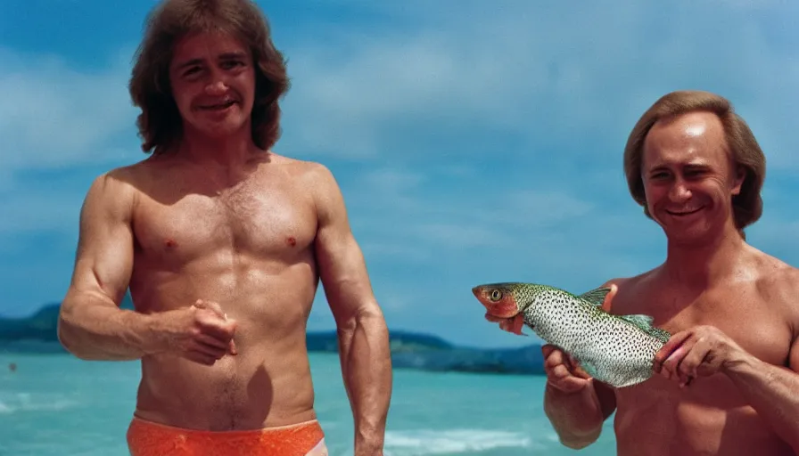 Image similar to 7 0 s movie still of putin in speedo, proudly holding a salmon, focus on his grin. cinestill 8 0 0 t _ 3 5 mm eastmancolor, heavy grain, high quality, high detail