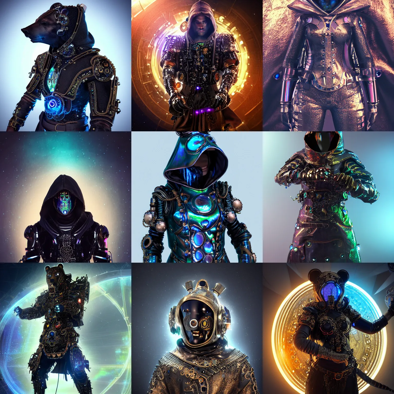 Prompt: Super realistic 8K render of a dark hooded powerful elegant elite bear assassin wearing iridescent steampunk armor covered in complex circuitry brandishing a celestial Chakram, (extremely detailed, iridescent, high quality, epic, futuristic, octane render, beautiful, shimmering, deity)