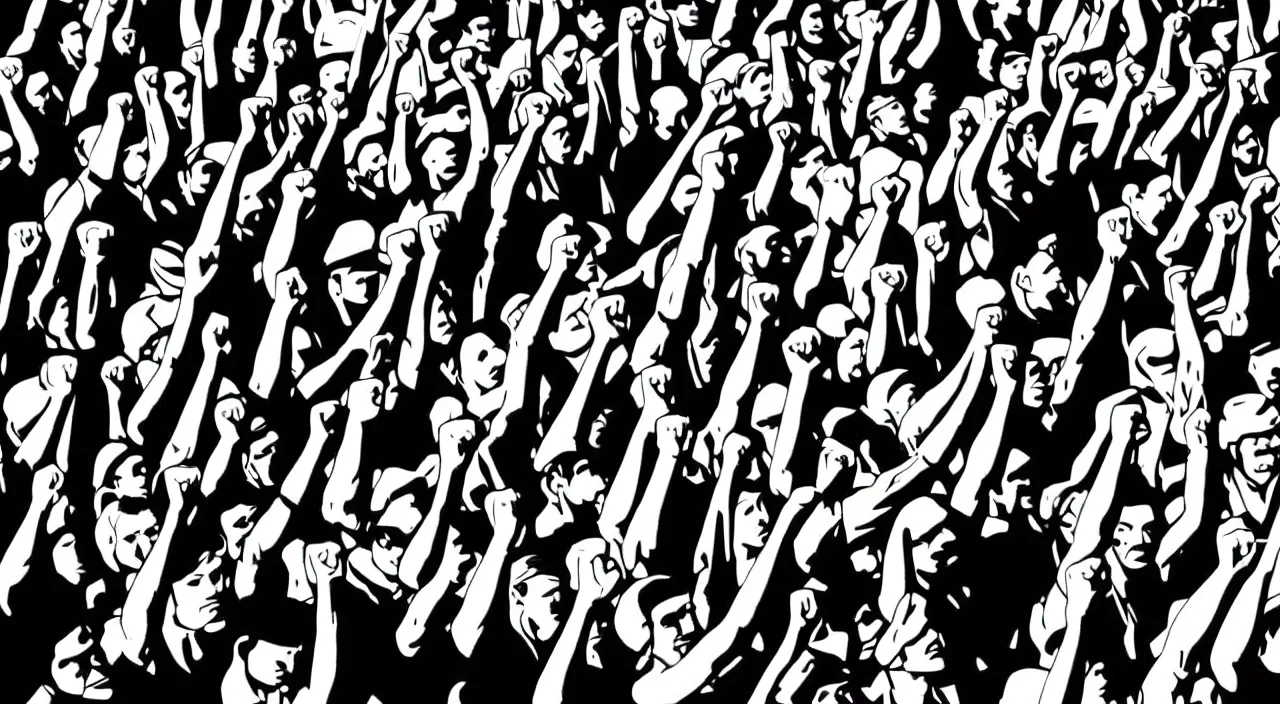 Image similar to black and white, high contrast, low angle, pop art of a group of workers raising their fists