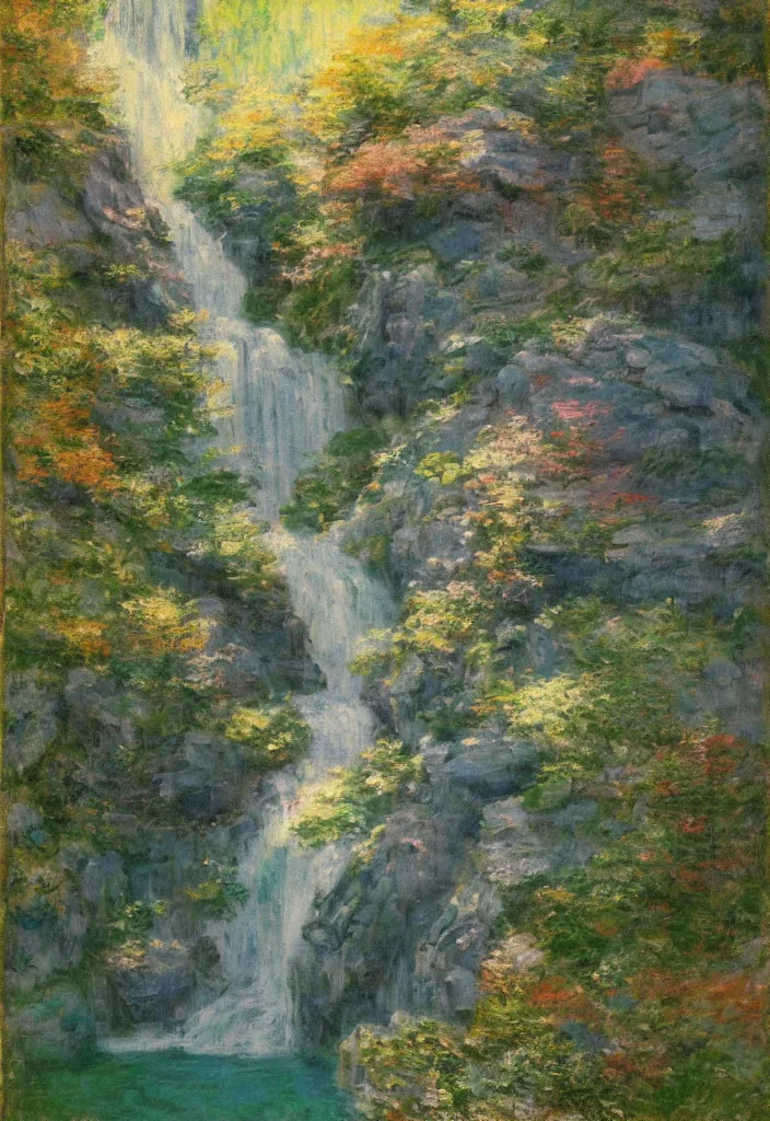 Image similar to a japanese city in the mountain. waterfall. gorgeous epic nature, lofi, vivid colors, amazing light, by jeremy lipkin, by claude monet, heavily inspired by makoto shinkai, kandinsky touches, inspired by ghibli, masterpiece, multiple brush strokes, impressionist style