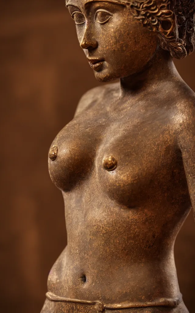Prompt: detailed photo of old bronze patina statue of seductive gorgeous girl, super highly detailed, full body view, various poses, in the room of an ancient castel, photorealism, intricate detail, museum diffuse lighting, autumn sunlights