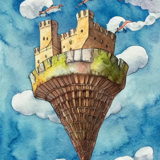 Prompt: laputa castle in the sky flying high in the sky, watercolor illustration for a book