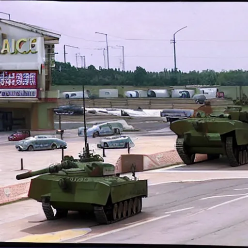Image similar to Military tank refueling at public gas station, CCTV footage photograph