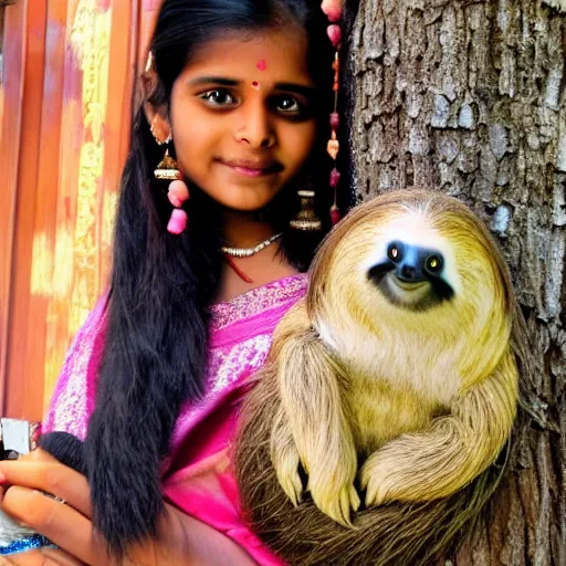 Prompt: a beautiful young indian cottagecore witch holds a cute sloth, traditional disney, still from movie, award winning