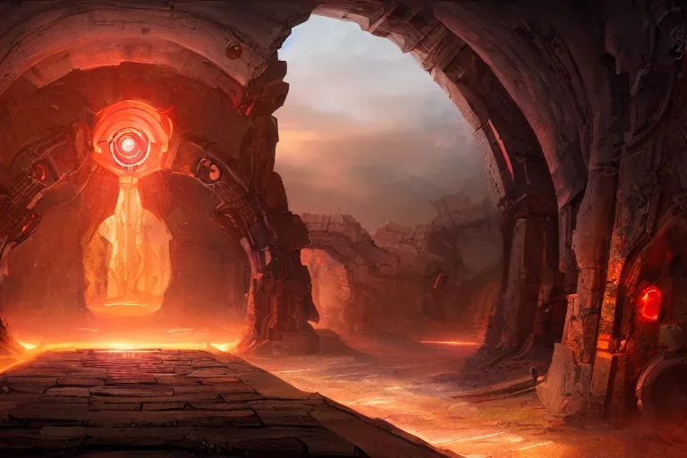 Image similar to ancient glowing epic portal to another dimension, cinematic, futuristic, gate, artstation, mattepainting