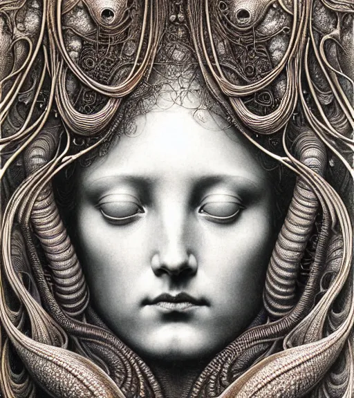 Image similar to detailed realistic beautiful goddess face portrait by jean delville, gustave dore, iris van herpen and marco mazzoni, art forms of nature by ernst haeckel, art nouveau, symbolist, visionary, gothic, neo - gothic, pre - raphaelite, fractal lace, intricate alien botanicals, ai biodiversity, surreality, hyperdetailed ultrasharp octane render