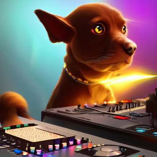 Image similar to puppy as a DJ, 8k, fantasy, intricate, cinematic lighting, highly detailed, digital painting, artstation, concept art, smooth, sharp focus, illustration, by Pixar