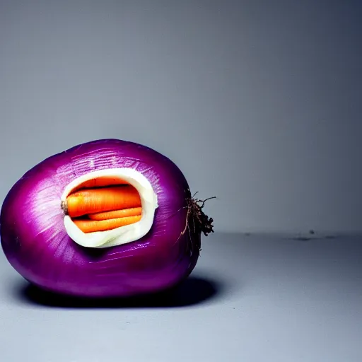 Image similar to a film still of a horror movie featuring a half peeled potato, half peeled carrot, and a red onion, high quality, photography, 8 k, award winning