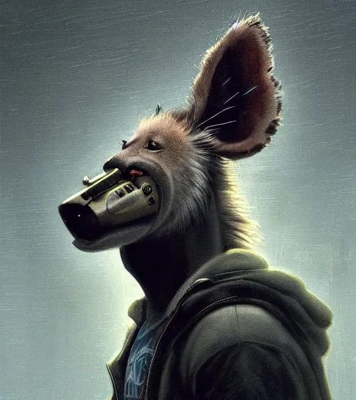 Image similar to new york city portrait of furry anthro anthropomorphic spotted hyena head animal person fursona wearing clothes strange cybernetic muzzle gloomy rainy screenshot from the video game cyberpunk 2077 digital art by Greg Rutkowski, Simon Stalenhag, christopher nolan trending on Artstation, CGSociety