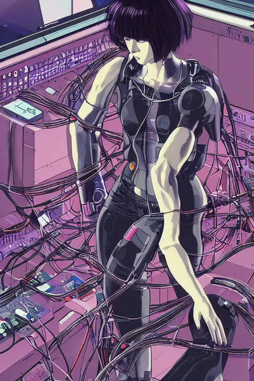 Image similar to hypedetailed cyberpunk illustration of motoko kusanagi kneeling on the floor in a tech lab, with a mess of wires and cables coming out of her head and backside, by masamune shirow and katsuhiro otomo, colorful, complex, back view