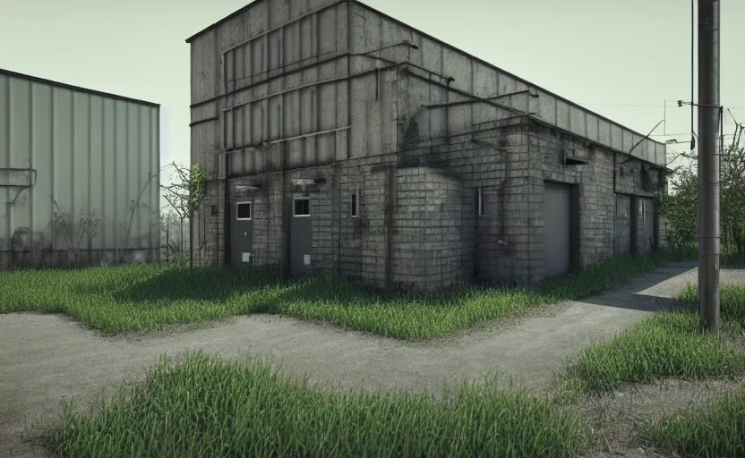 Prompt: geometric 3 d render of industrial buildings surrounded by undergrowth, octane render, redshift render, metallic