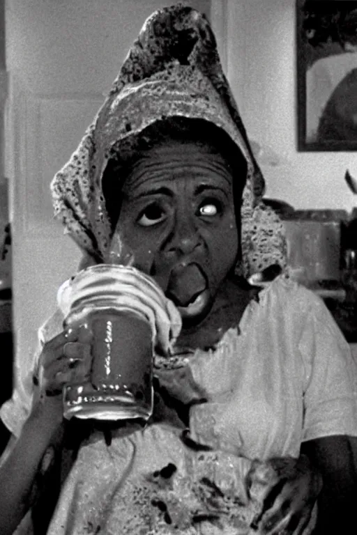 Prompt: aunt jemima covered in maple syrup horror movie cinematic